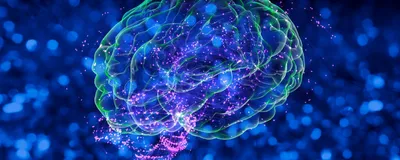 Conceptual 3D image of Alzheimer’s disease, depicting a green brain with small pink and large blue particles in the background.