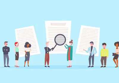 Cartoon of eight people standing in front of three pages of paper with text indicated by grey lines holding up a magnifying glass to the middle one on a light blue background. The image is a representation of peer review. Cartoon of eight people standing in front of three pages of paper with text indicated by grey lines holding up a magnifying glass to the middle one on a light blue background. The image is a representation of peer review.