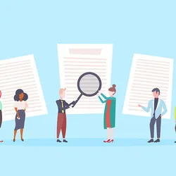 Cartoon of eight people standing in front of three pages of paper with text indicated by grey lines holding up a magnifying glass to the middle one on a light blue background. The image is a representation of peer review. Cartoon of eight people standing in front of three pages of paper with text indicated by grey lines holding up a magnifying glass to the middle one on a light blue background. The image is a representation of peer review.