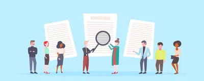 Cartoon of eight people standing in front of three pages of paper with text indicated by grey lines holding up a magnifying glass to the middle one on a light blue background. The image is a representation of peer review. 