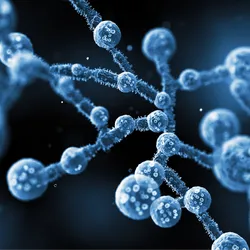 Blue balls connected by blue spiky cuboidal shapes on a blue background. Blue balls connected by blue spiky cuboidal shapes on a blue background.