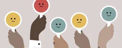 Illustration showing several people’s arms raised and holding signs with faces that either depict neutral yellow faces, unhappy red faces, or happy green faces. This image is emphasizing mixed reactions to an announcement. 