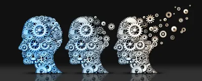 3D illustration of human heads made of gears and machine cog wheels degrading to demonstrate neurodegeneration and aging. 3D illustration of human heads made of gears and machine cog wheels degrading to demonstrate neurodegeneration and aging.