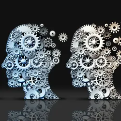 3D illustration of human heads made of gears and machine cog wheels degrading to demonstrate neurodegeneration and aging. 3D illustration of human heads made of gears and machine cog wheels degrading to demonstrate neurodegeneration and aging.