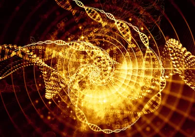 Strands of glowing gold DNA are woven into a spiral. Strands of glowing gold DNA are woven into a spiral.