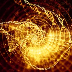 Strands of glowing gold DNA are woven into a spiral.