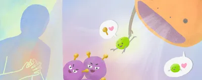 An illustration depicting the mechanism of the Crunch cell targeting system developed by researchers at Kyoto University. A blue silhouette of a person stands on the left. On the right is a magnified image of inside the body, where purple malignant cells have yellow proteins on their surface. A green adaptor protein depicted as being attracted to the yellow proteins is flying to the cells, while an orange phagocyte is attached to the adaptor protein. An illustration depicting the mechanism of the Crunch cell targeting system developed by researchers at Kyoto University. A blue silhouette of a person stands on the left. On the right is a magnified image of inside the body, where purple malignant cells have yellow proteins on their surface. A green adaptor protein depicted as being attracted to the yellow proteins is flying to the cells, while an orange phagocyte is attached to the adaptor protein.