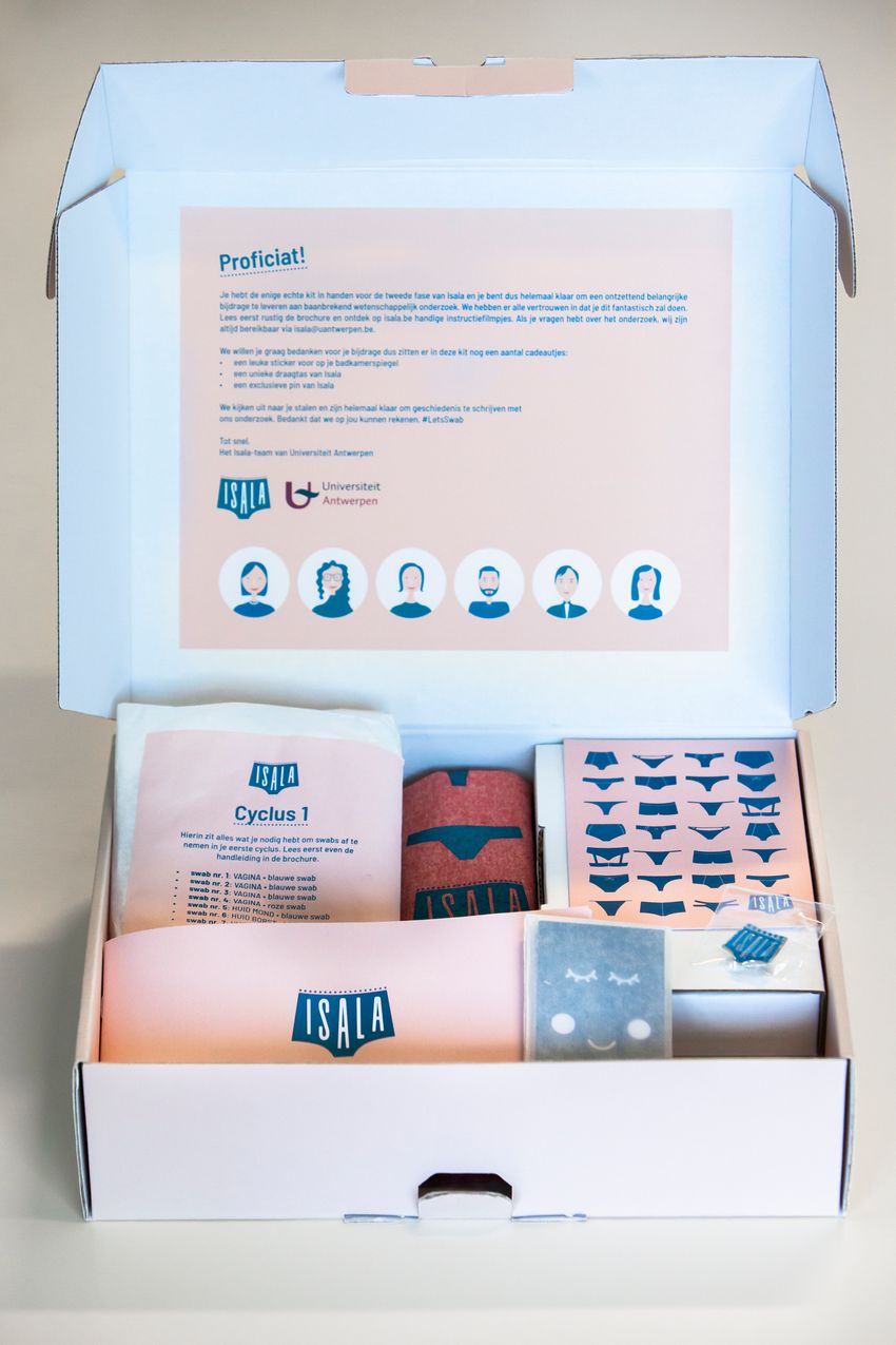 A pastel blue- and pink-colored box containing various goodies and diagrams