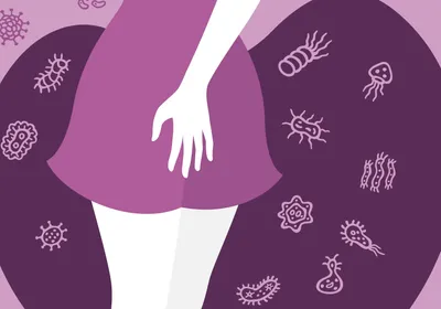 Illustration of a woman against a pink and purple background with microbes signifying the vaginal microbiome. Illustration of a woman against a pink and purple background with microbes signifying the vaginal microbiome.