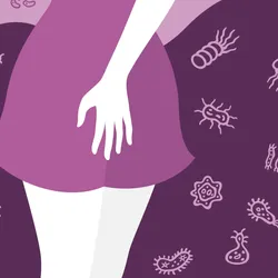 Illustration of a woman against a pink and purple background with microbes signifying the vaginal microbiome.