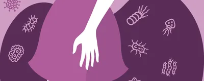 Illustration of a woman against a pink and purple background with microbes signifying the vaginal microbiome.