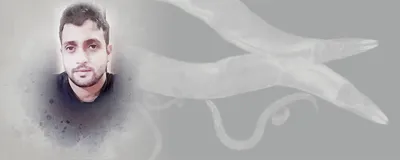 A picture of Kaustav Chakraborty against a background showing round worms.
