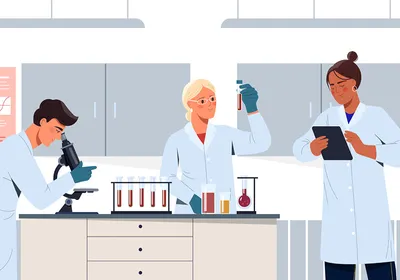 Three scientists work together in a biology laboratory. Three scientists work together in a biology laboratory.