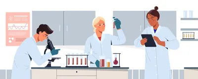 Three scientists work together in a biology laboratory.