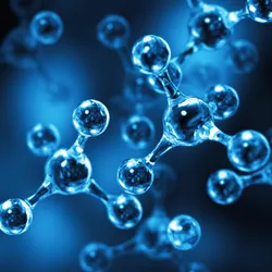 An abstract illustration of clear molecules in front of a dark blue background.