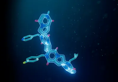 Graphic of the Spiroligomer macromolecule from ThirdLaw Molecular, showing the ladder-like backbone of fused rings and functional group side chains Graphic of the Spiroligomer macromolecule from ThirdLaw Molecular, showing the ladder-like backbone of fused rings and functional group side chains