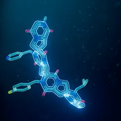 Graphic of the Spiroligomer macromolecule from ThirdLaw Molecular, showing the ladder-like backbone of fused rings and functional group side chains