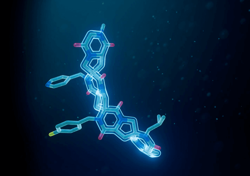 Graphic of the Spiroligomer macromolecule from ThirdLaw Molecular, showing the ladder-like backbone of fused rings and functional group side chains.