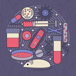 Illustration depicting the use of humanized mice in immunology research, showing a white lab mouse, immune cells, microbes, DNA, and medical equipment