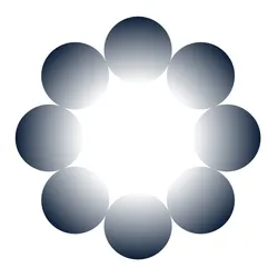 Illustration of a ring of circles drawn so that their outer edges are darker blue-black than their inner sides. This creates an optical illusion that the space in the center is a brighter white than the white background outside the circle ring. 