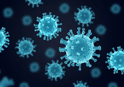 An illustration of blue lentiviral particles. An illustration of blue lentiviral particles.