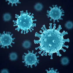 An illustration of blue lentiviral particles. An illustration of blue lentiviral particles.