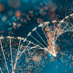 A DNA double helix is expanded into tiny, colored dots, representing potential targets of prime editors.