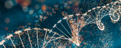 A DNA double helix is expanded into tiny, colored dots, representing potential targets of prime editors.