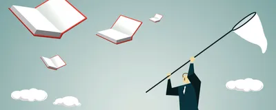 A cartoon person tries to catch flying open books, representing efforts to catch questionable scientific journals that try to exploit open access publishing.