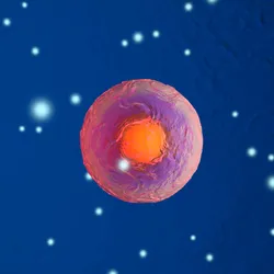 A 3D illustration of a cell is shown in orange and pink against a blue background with white dots.
