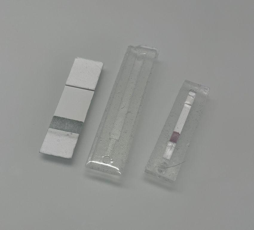A picture of test strip, silicon-casing, and sensor, all components of the smart pad that can detect biomarkers in menstrual blood, against a grey background.
