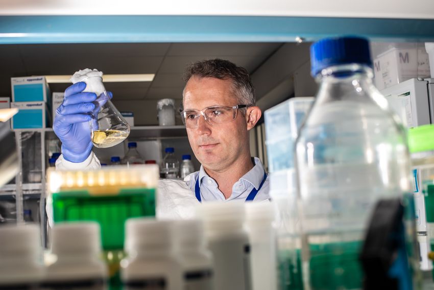 Koala vaccine researcher Sam Phillips holds a beaker of yellow liquid. He is wearing safety glasses, a white lab coat, and blue gloves.