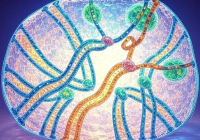 Illustration of Robertsonian chromosomes within a cell—researchers recently discovered how these structural variants form and are transmitted through rounds of cell division. Two acrocentric chromosomes, in blue and orange (with pink centromeres), are close to each other, as Robertsonian chromosomes would be before fusion. 