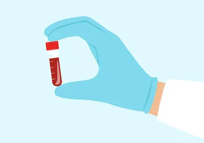A cartoon hand with gloves holds a vial with red liquid, signifying blood. The person seems to be wearing a lab coat, indicating scientists’ attempt to produce artificial blood in the lab. 