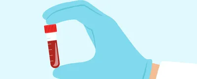 A cartoon hand with gloves holds a vial with red liquid, signifying blood. The person seems to be wearing a lab coat, indicating scientists’ attempt to produce artificial blood in the lab.