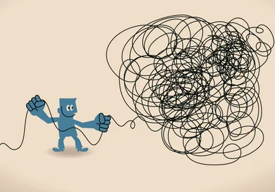 A cartoon blue man, representing sparse autoencoders and the AI tools that work with them, untangles black jumbled thread, representing the convoluted and densely packed information in the neural networks of protein language models (PLMs). 