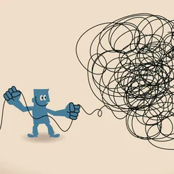 A cartoon blue man, representing sparse autoencoders and the AI tools that work with them, untangles black jumbled thread, representing the convoluted and densely packed information in the neural networks of protein language models (PLMs). A cartoon blue man, representing sparse autoencoders and the AI tools that work with them, untangles black jumbled thread, representing the convoluted and densely packed information in the neural networks of protein language models (PLMs).