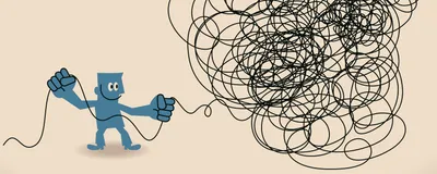 A cartoon blue man, representing sparse autoencoders and the AI tools that work with them, untangles black jumbled thread, representing the convoluted and densely packed information in the neural networks of protein language models (PLMs). 