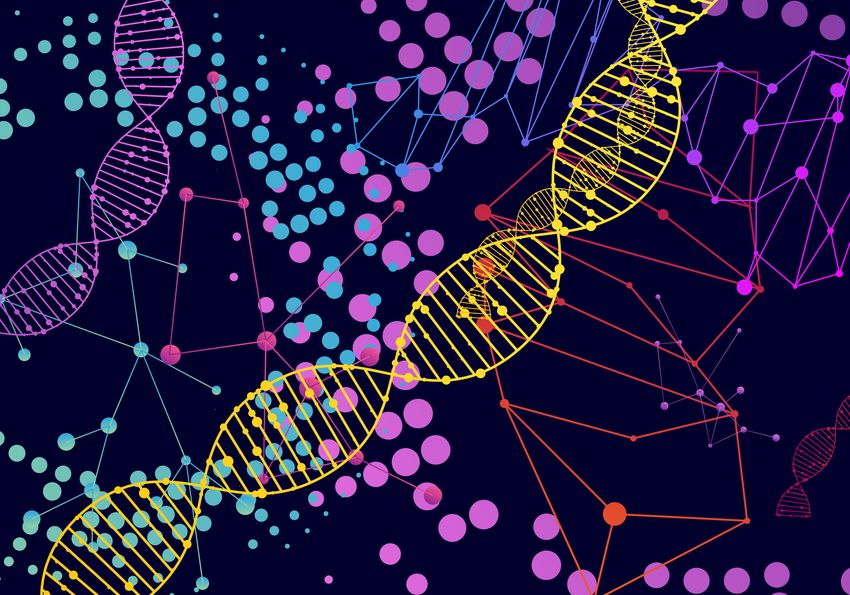 Conceptual multicolored image of DNA molecules and other patterns on a black background.