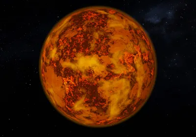 Red, molten planet with space in the background.