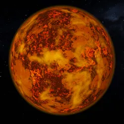 Red, molten planet with space in the background. Red, molten planet with space in the background.