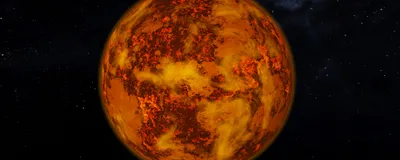 Red, molten planet with space in the background.