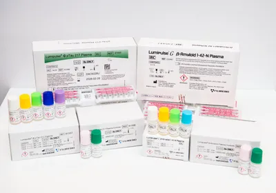 A photo of the Lumipulse® G pTau 217/β-Amyloid 1-42 Plasma Ratio Test. A photo of the Lumipulse® G pTau 217/β-Amyloid 1-42 Plasma Ratio Test.