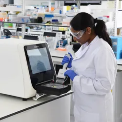 A scientist pipettes a solution into a multi-well plate that sits in Nuclera’s eProtein Discovery System A scientist pipettes a solution into a multi-well plate that sits in Nuclera’s eProtein Discovery System