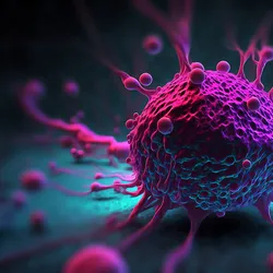 A solid tumor is shown in purple in its microenvironment, which is colored blue. A solid tumor is shown in purple in its microenvironment, which is colored blue.