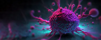 A solid tumor is shown in purple in its microenvironment, which is colored blue. A solid tumor is shown in purple in its microenvironment, which is colored blue.