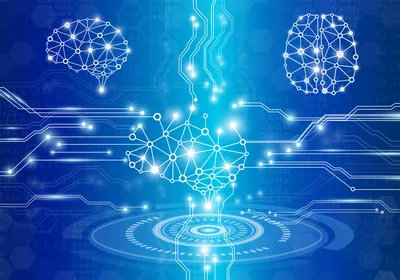 Conceptual image of AI technology in different shades of blue.