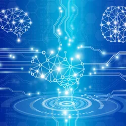 Conceptual image of AI technology in different shades of blue.