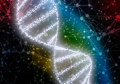 Graphic of a glowing white DNA helix with colorful connected dots and lines in the background, representing crosslinking when studying 3D genomic architecture