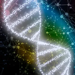 Graphic of a glowing white DNA helix with colorful connected dots and lines in the background, representing crosslinking when studying 3D genomic architecture Graphic of a glowing white DNA helix with colorful connected dots and lines in the background, representing crosslinking when studying 3D genomic architecture